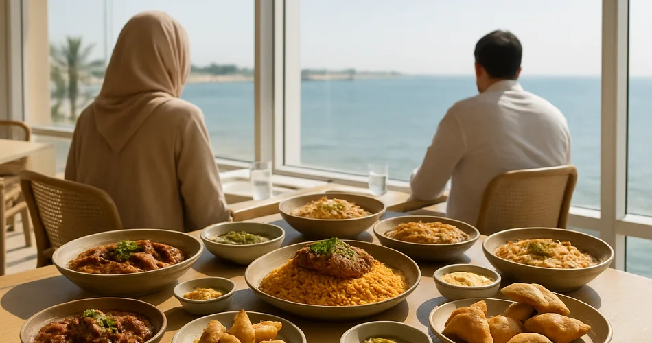 Traditional Kuwaiti dishes are served beside broad coastal views.