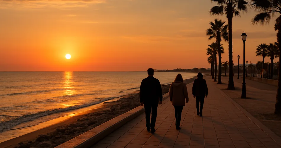 A seaside promenade runs beside the Gulf at sunset.