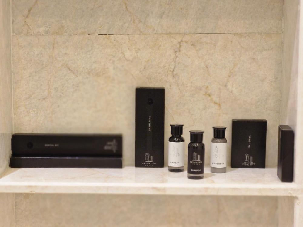 Ocean View Hotel Kuwait branded toiletries on marble shelf