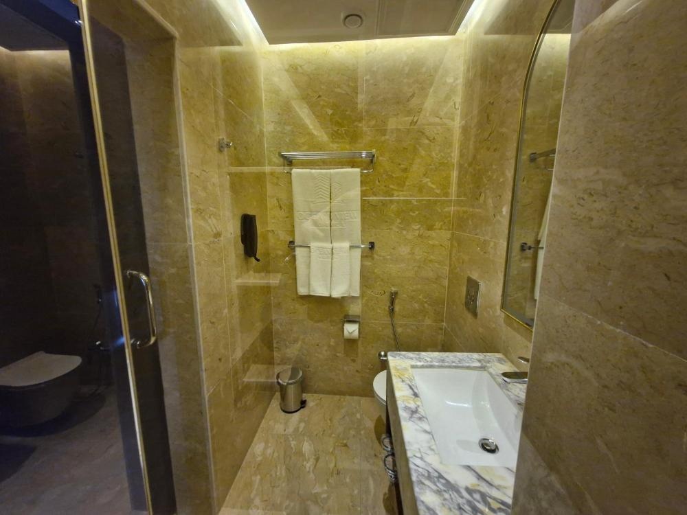 Hotel in Kuwait bathroom with marble walls and glass shower